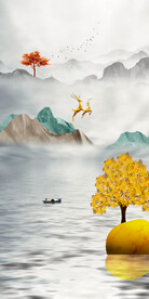 山水画装饰画 船 麋鹿