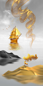 山水画装饰画帆船麋鹿 弧线