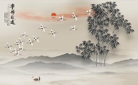 新中式水墨竹林风景背景墙壁画