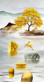 新中式山水画装饰画 石头麋鹿