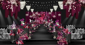 玫红色婚礼效果图 水晶布幔婚礼