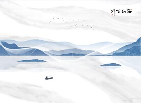 灰白大理石背景墙 山水画 船