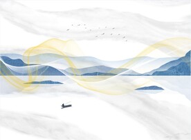 灰白大理石背景墙 山水画 弧线