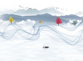 山水画背景墙 弧线 船