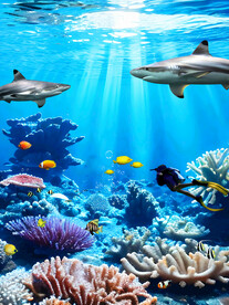 梦幻海底世界卡通鲨鱼珊瑚背景墙