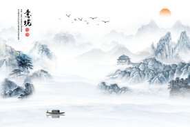 新中式意境流水生财古典水墨背景