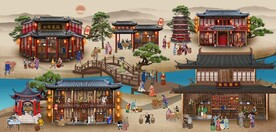 古代市井集市饭馆背景墙壁画