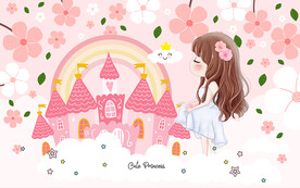 可爱卡通小公主城堡儿童房背景墙