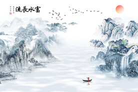 新中式意境国画河流山川电视背景