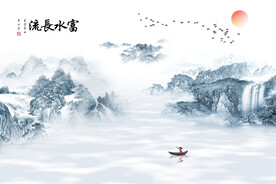 新中式古典富水长流工笔画背景墙