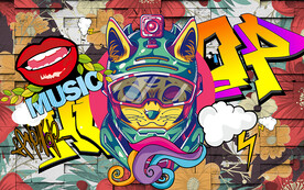 个性砖墙涂鸦嘻哈猫工装背景墙