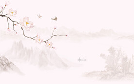 新中式玉兰花鸟画背景墙壁画
