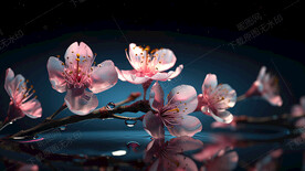 水面上的桃花枝