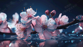 水面上的桃花枝