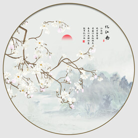 新中式花鸟白玉兰圆形装饰画
