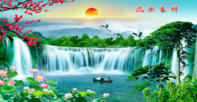 迎客松瀑布山水画