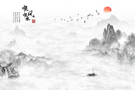 新中式古典花鸟山水顺风顺水背景