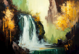 当代油画 山间流瀑