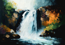 当代油画 山间流瀑