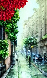 手绘水彩风格雨中城市景观建筑