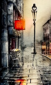 手绘水彩风格雨中城市景观建筑