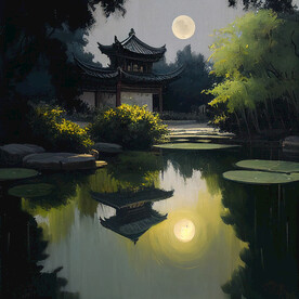 当代油画 园林月影