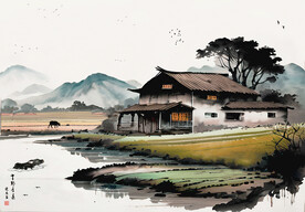 山村风情前卫水墨山水装饰画