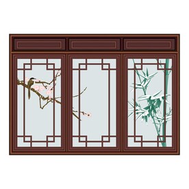 矢量图长方形中式窗棱门窗梅花竹