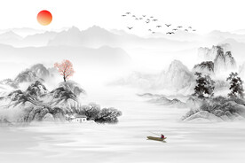 新中式山水聚宝盆水墨电视背景墙