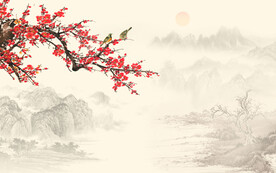 新中式梅花花鸟画电视背景墙
