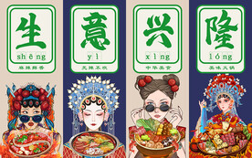 国潮生意兴隆火锅工装背景墙