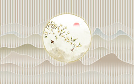 新中式山水画光影木格栅背景墙