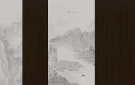 新中式格栅木纹山水画背景墙