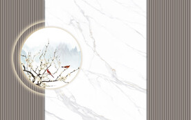 中式大理石格栅花鸟画背景墙