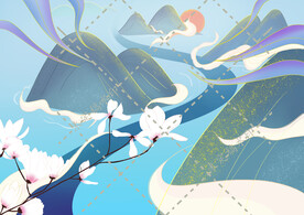 国风山水玉兰花