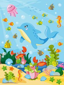 卡通海底世界可爱海豚热带鱼背景