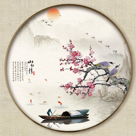 圆形中式山水画鸟画