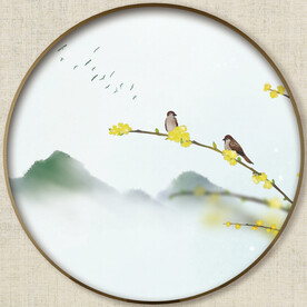 圆形水墨山水画