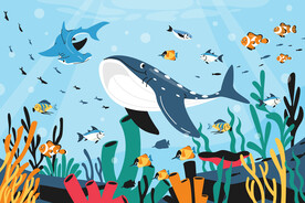 卡通鲸鱼手绘海底世界热带鱼背景