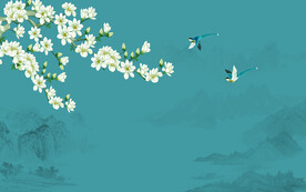 新中式床头花鸟画背景墙壁画