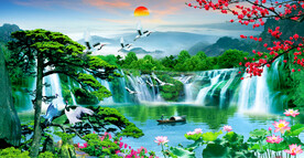 迎客松瀑布山水画