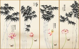 新中式竹林荷花装饰无框画