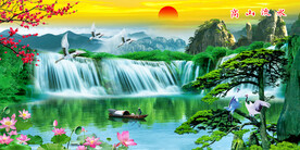 迎客松瀑布山水画