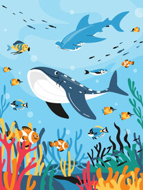 手绘海底珊瑚卡通鲸鱼热带鱼背景