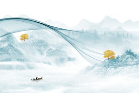 新中式蓝色意境飘带山水背景墙