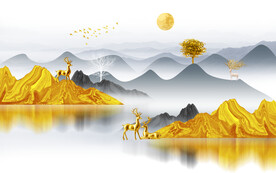 麋鹿山水装饰画背景墙