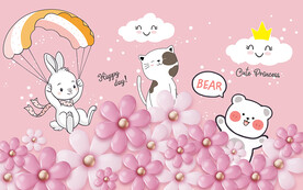 可爱小动物花丛儿童房背景墙