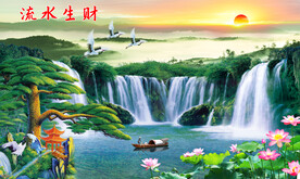 流水生财迎客松财运风景画