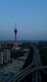 航拍俯瞰郑州城市中原福塔夜景