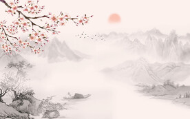 新中式床头梅花鸟画背景墙壁画